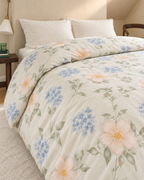 Floral Print Duvet Cover, on a made bed in morning light