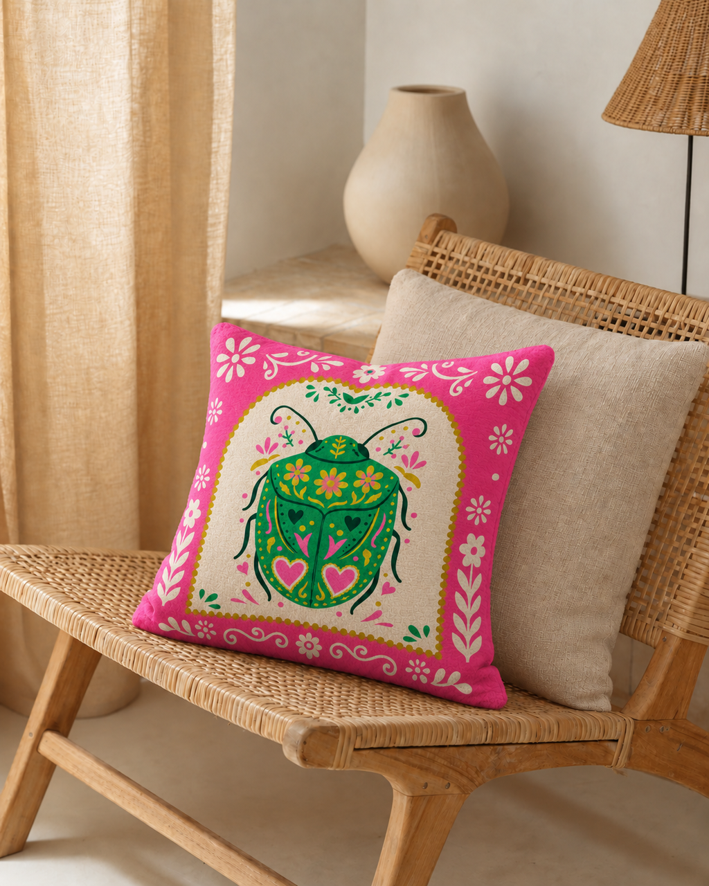 Folk Beetle Cotton Velvet Pillow Cover, on a rattan armchair