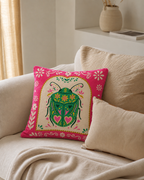 Folk Beetle Cotton Velvet Pillow Cover, on a linen sofa