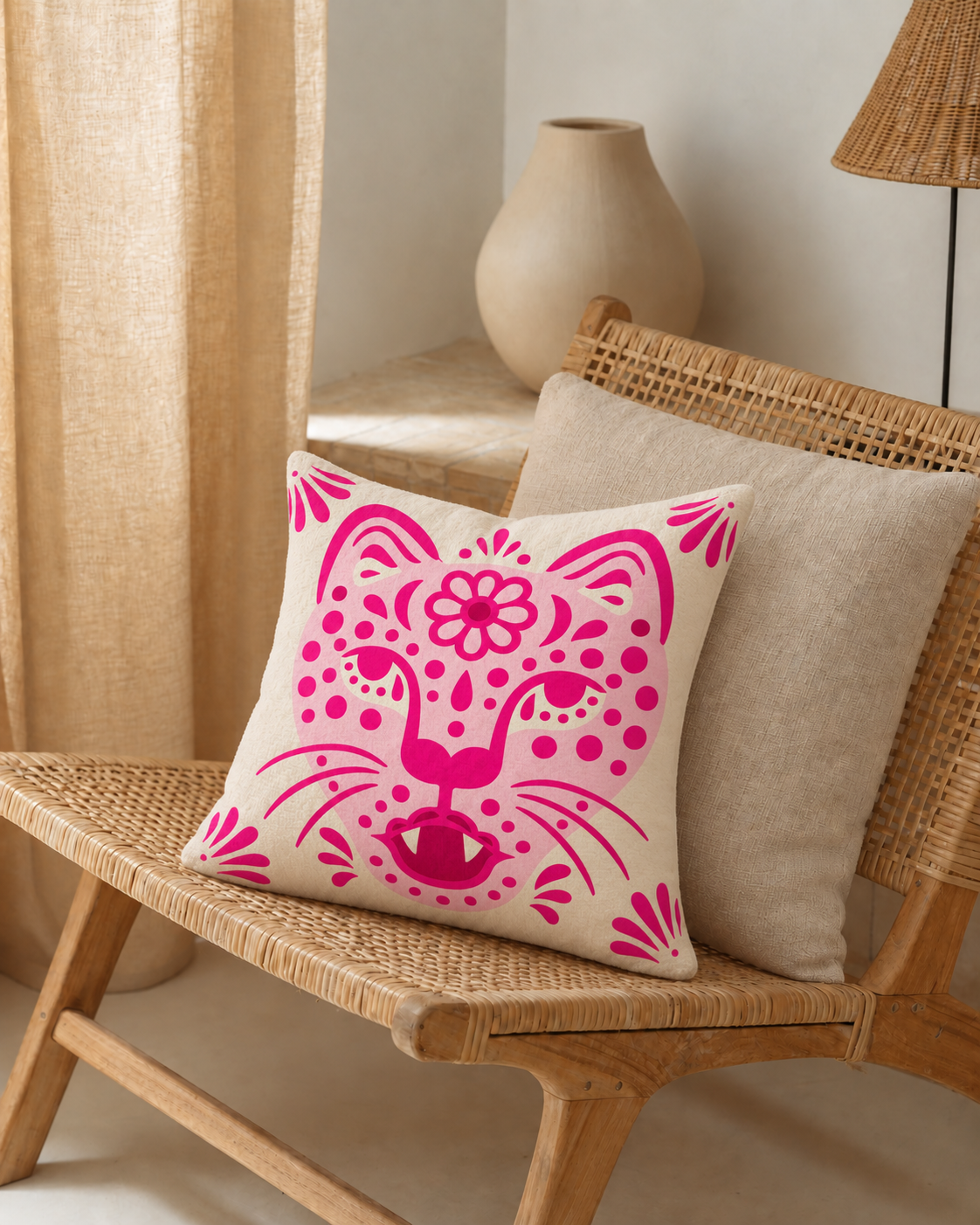 Folk Leopard Face Cotton Velvet Pillow Cover, on a rattan armchair