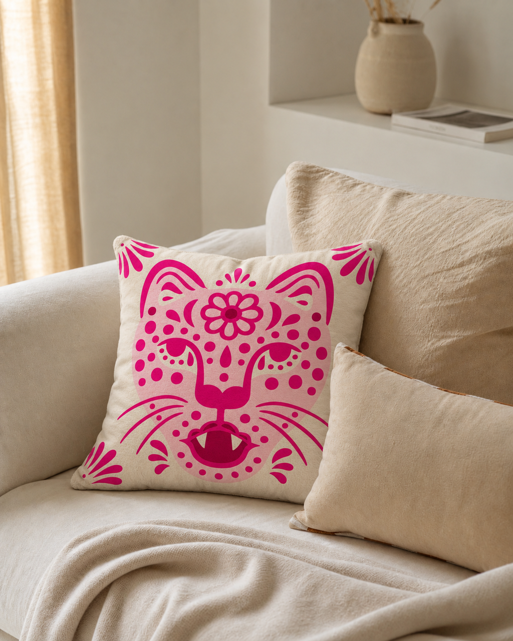 Folk Leopard Face Cotton Velvet Pillow Cover, on a linen sofa