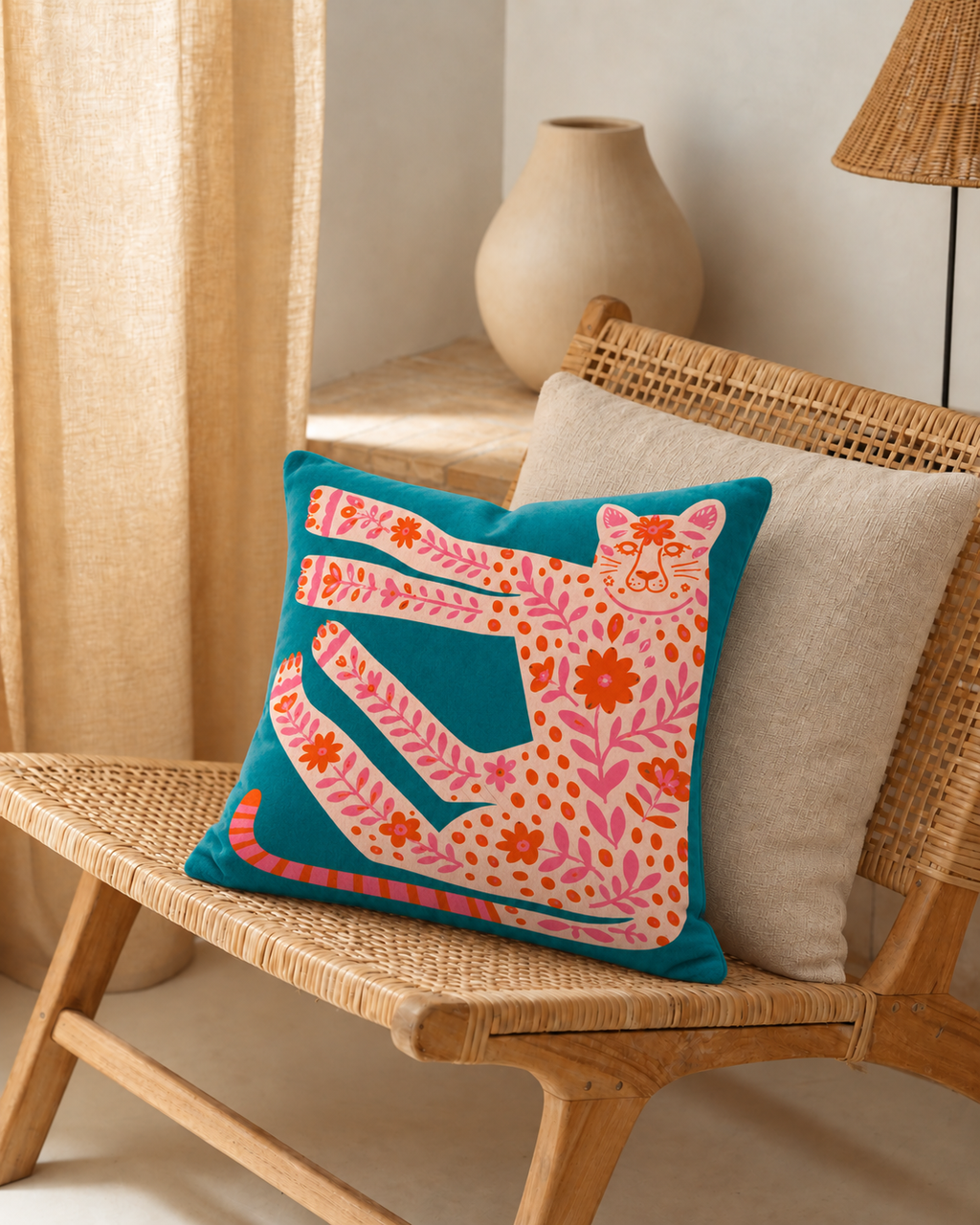 Folk Leopard Cotton Velvet Pillow Cover, on a rattan armchair