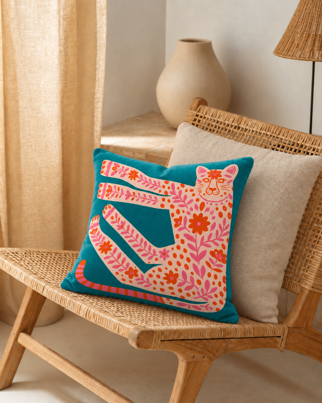 Folk Leopard Cotton Velvet Pillow Cover, on a rattan armchair