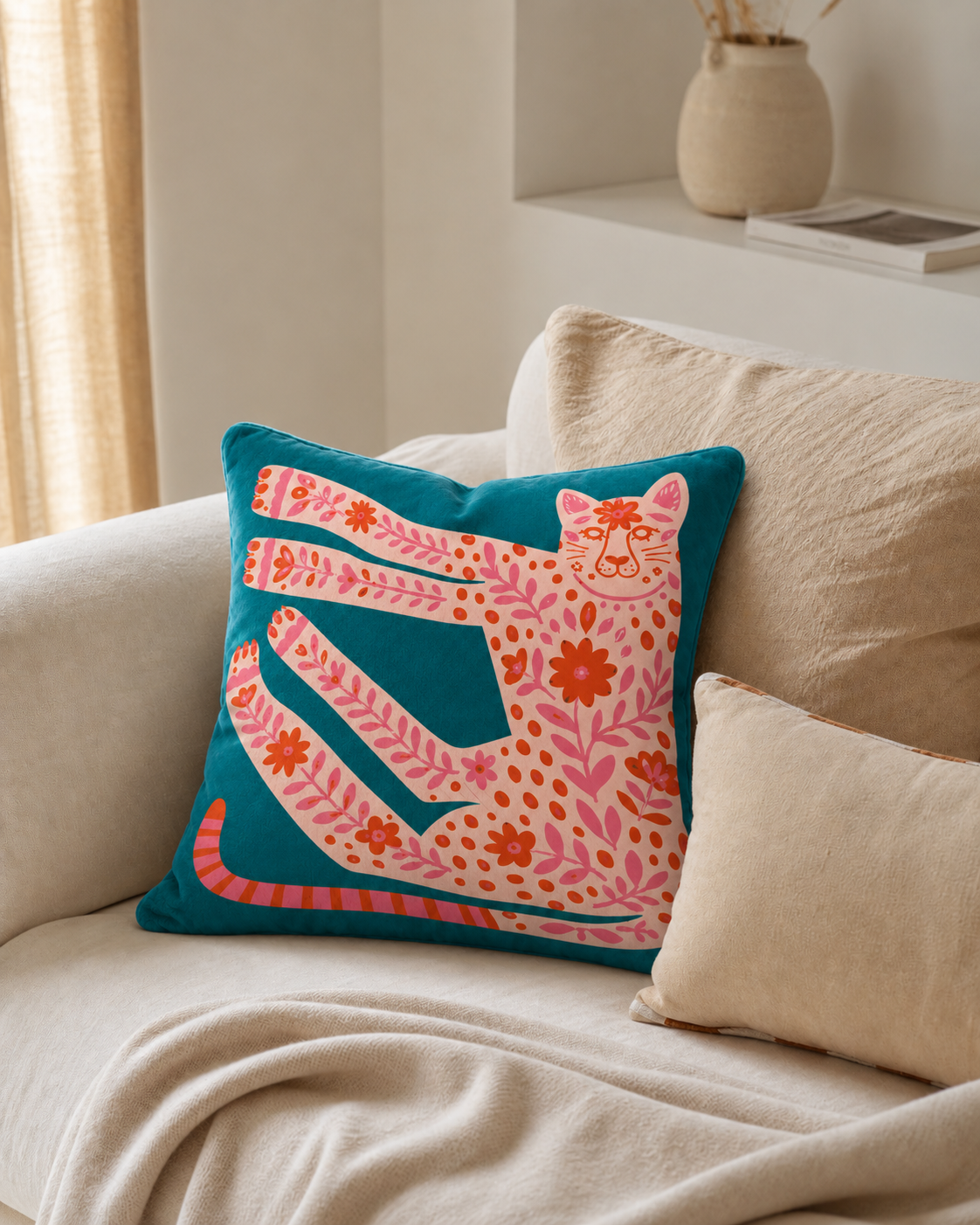 Folk Leopard Cotton Velvet Pillow Cover, on a linen sofa