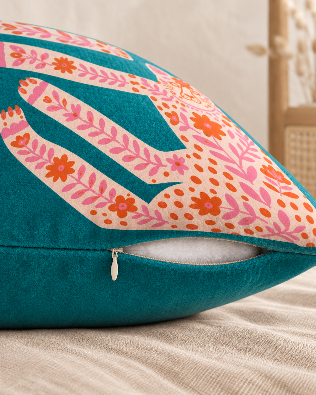 Folk Leopard Cotton Velvet Pillow Cover, zipper and edge detail