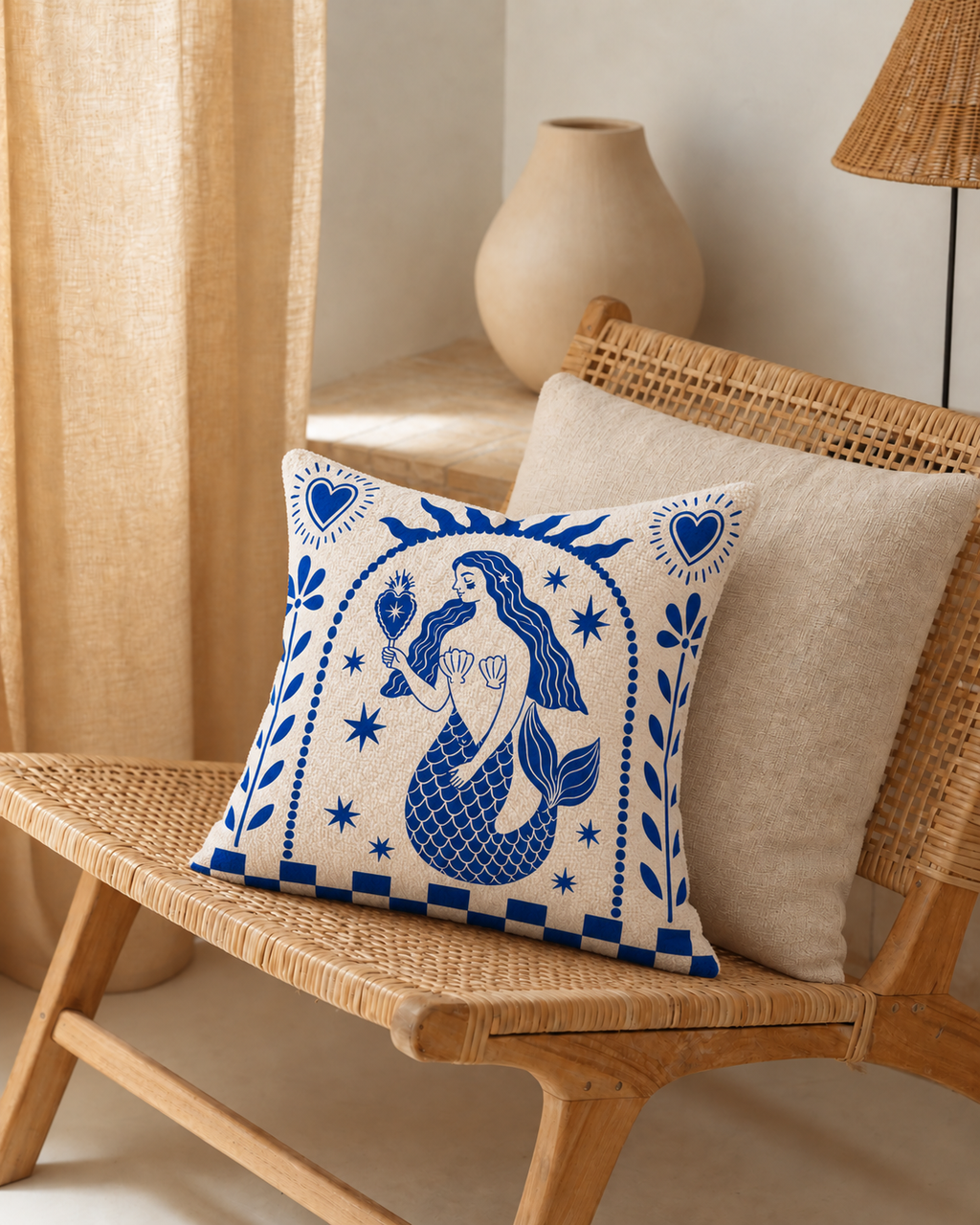 Folk Mermaid Cotton Velvet Pillow Cover, on a rattan armchair