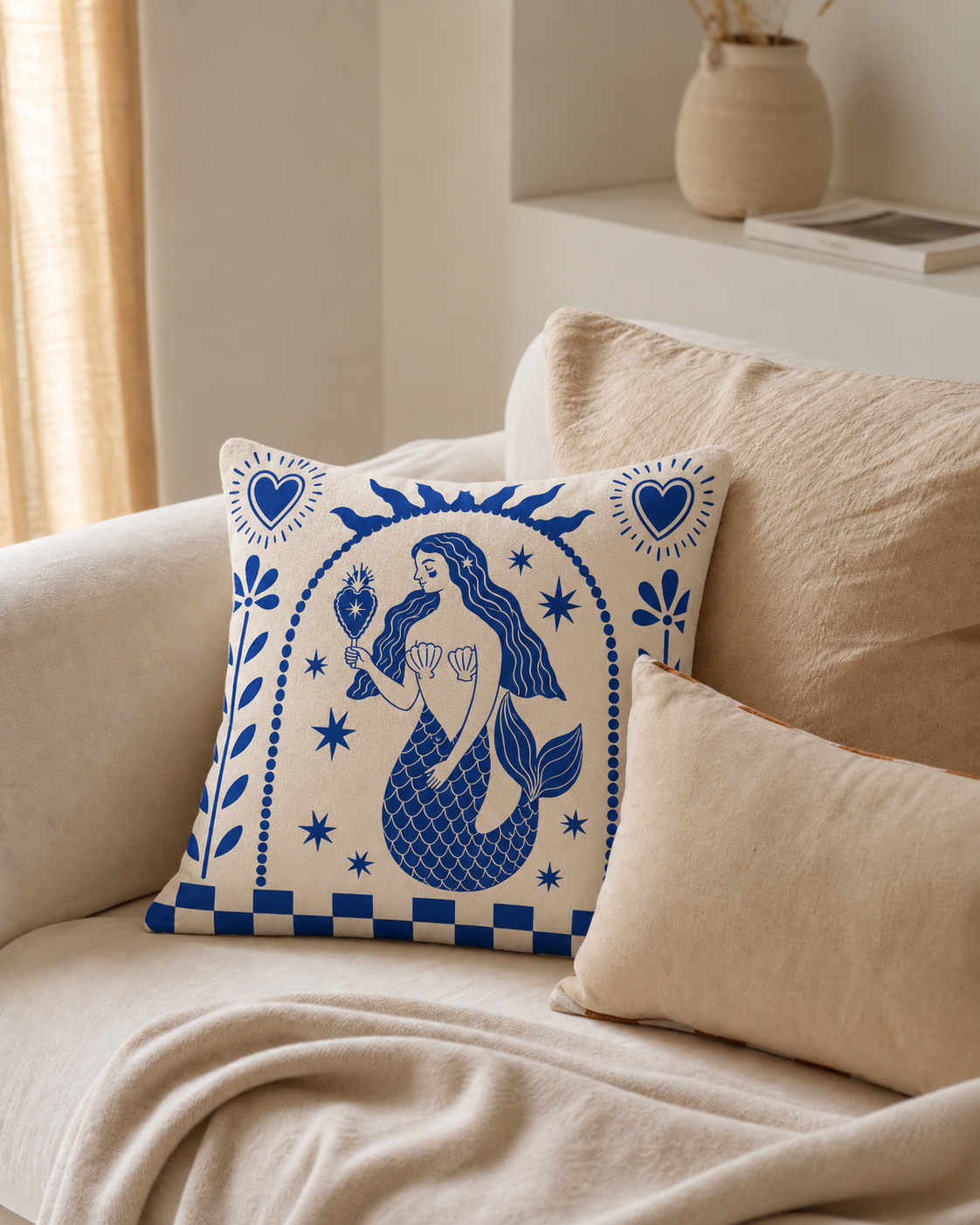 Folk Mermaid Cotton Velvet Pillow Cover, on a linen sofa