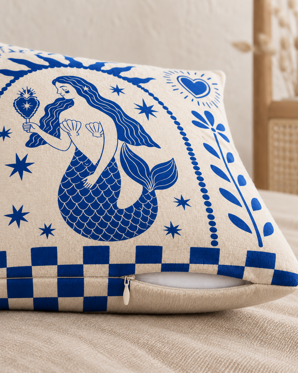 Folk Mermaid Cotton Velvet Pillow Cover, zipper and edge detail