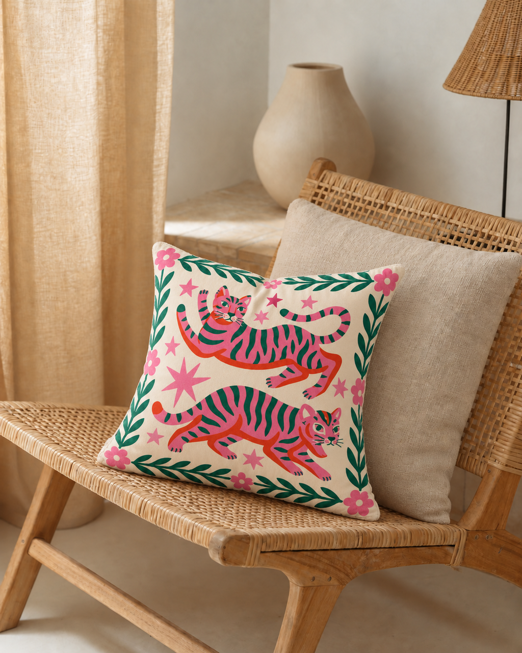 Folk Tiger Cotton Velvet Pillow Cover, on a rattan armchair