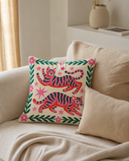 Folk Tiger Cotton Velvet Pillow Cover, on a linen sofa