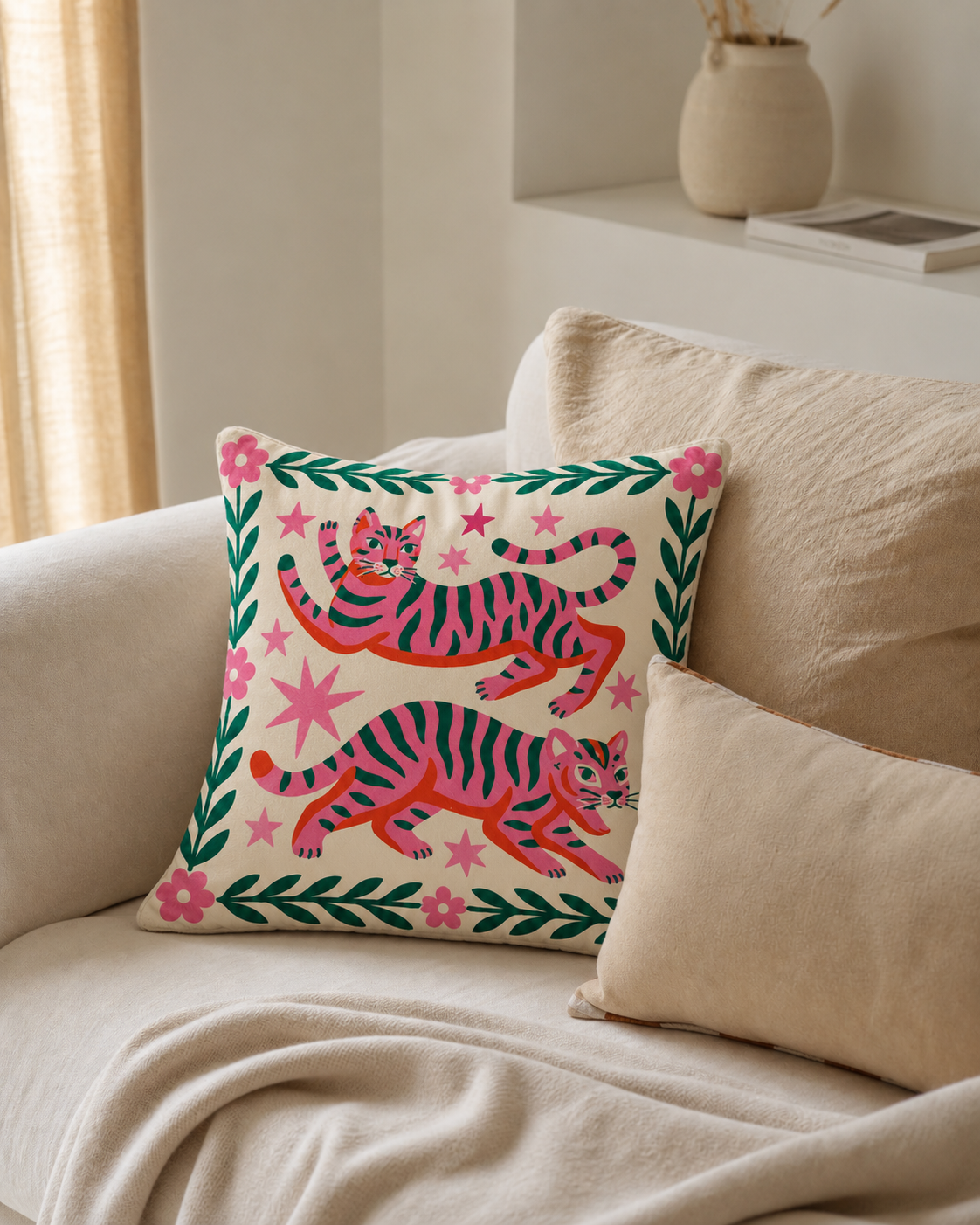 Folk Tiger Cotton Velvet Pillow Cover, on a linen sofa