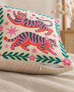 Folk Tiger Cotton Velvet Pillow Cover, zipper and edge detail