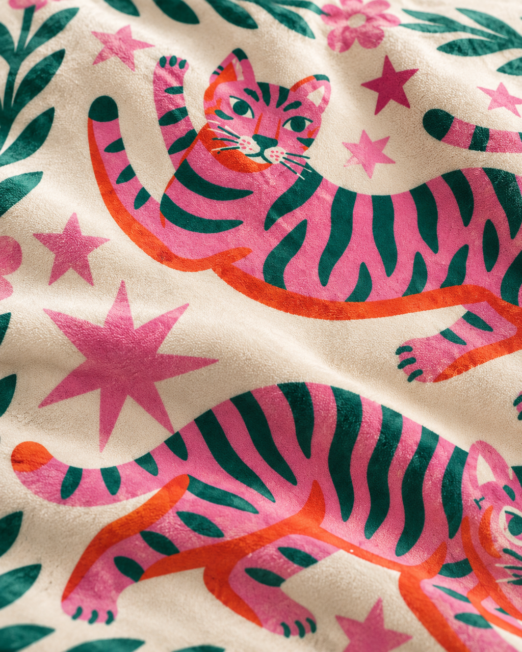 Folk Tiger Cotton Velvet Pillow Cover, fabric close-up