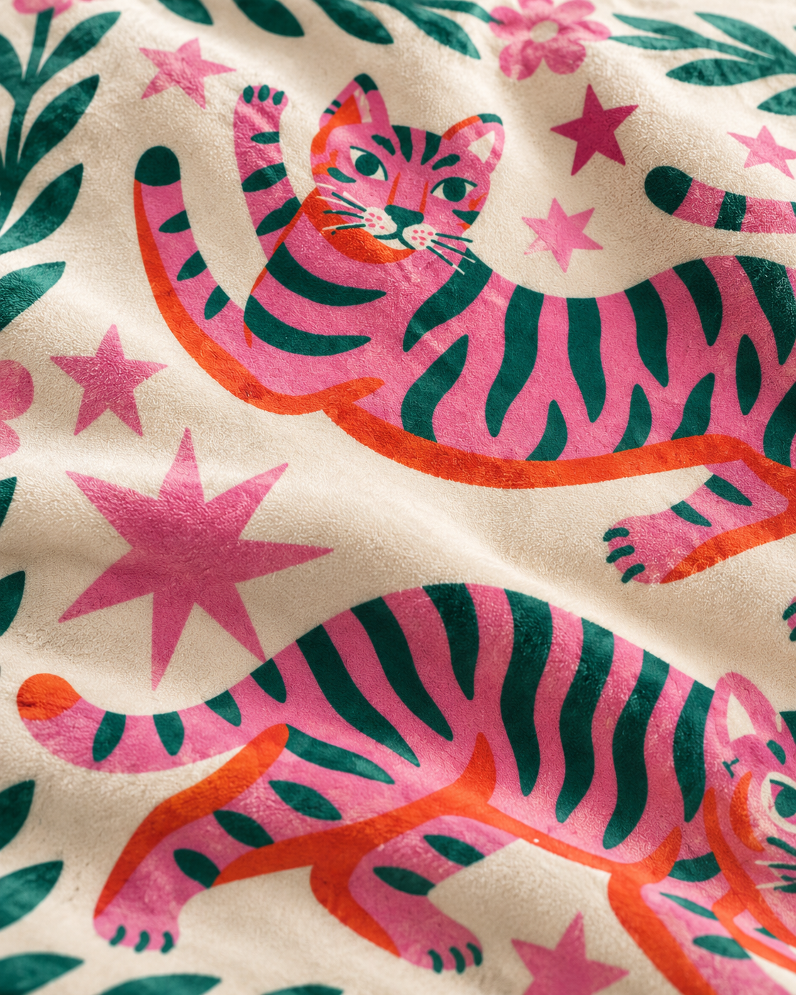 Folk Tiger Cotton Velvet Pillow Cover, fabric close-up