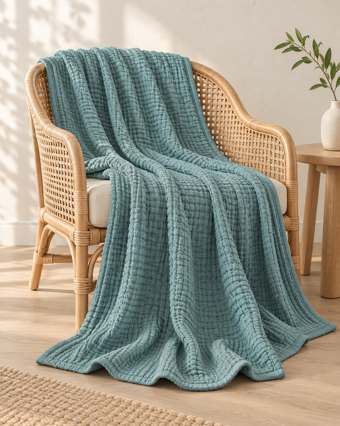 Four-Layer Cotton Gauze Throw, draped over a rattan armchair