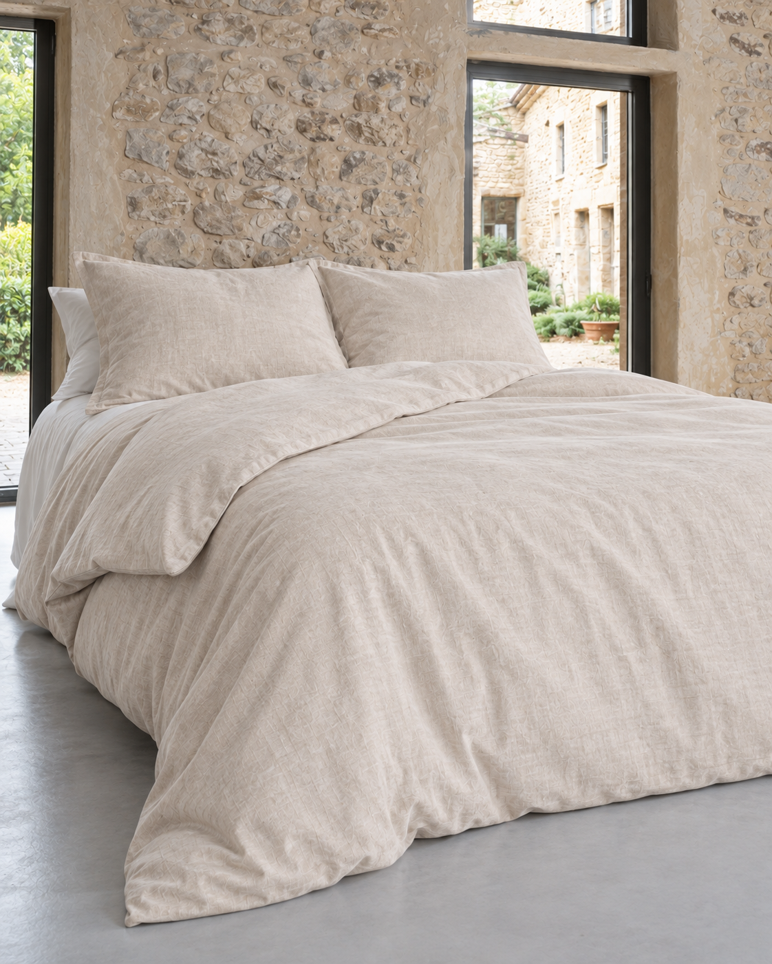 French Flax Linen Duvet Set, on a made bed in morning light
