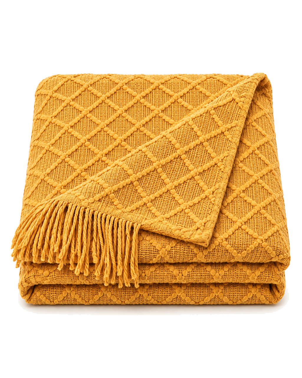 Fringed Diamond Knit Cotton Throw in Mustard, folded
