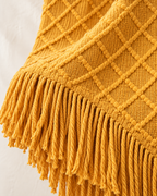 Fringed Diamond Knit Cotton Throw in Mustard, edge detail
