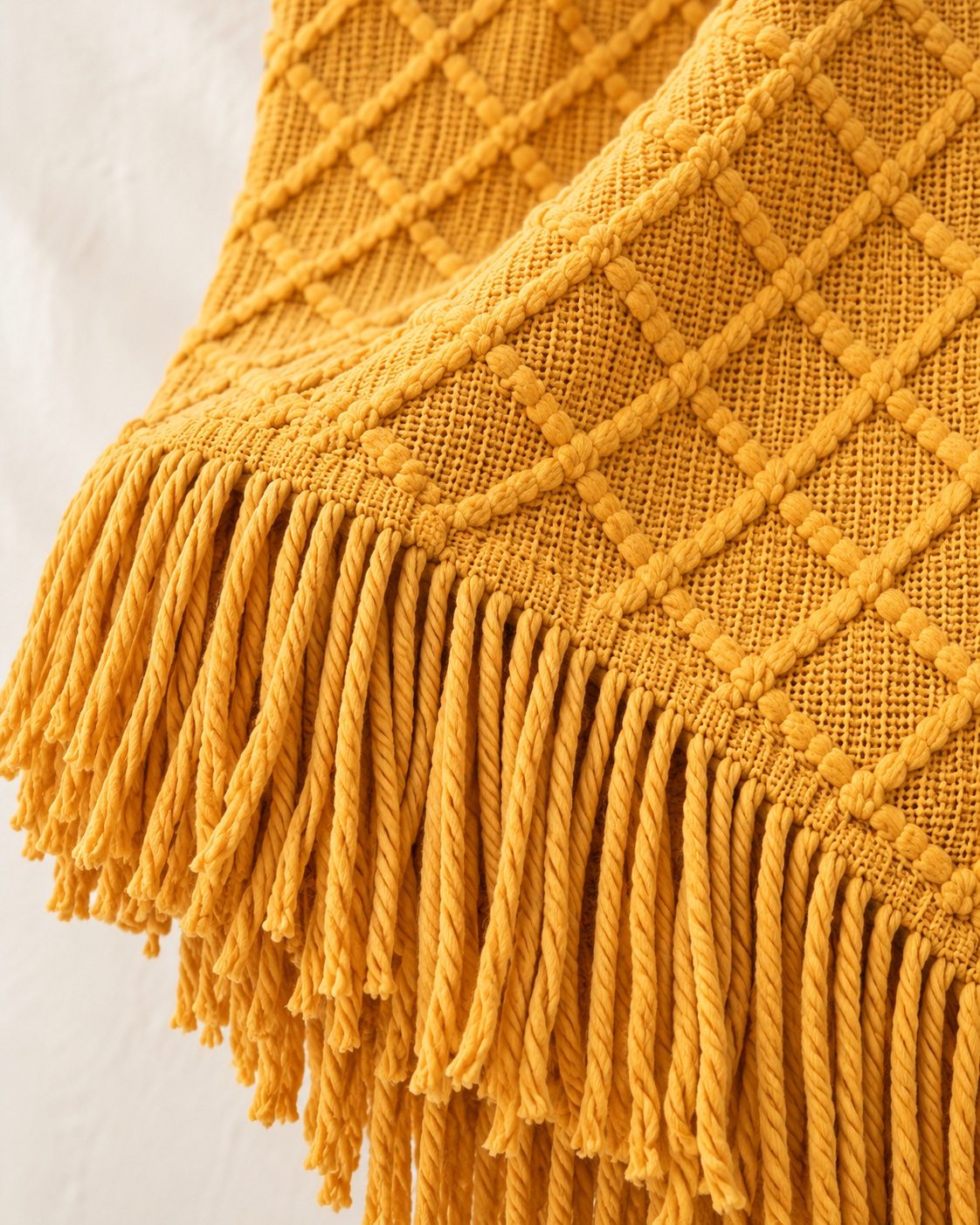 Fringed Diamond Knit Cotton Throw in Mustard, edge detail