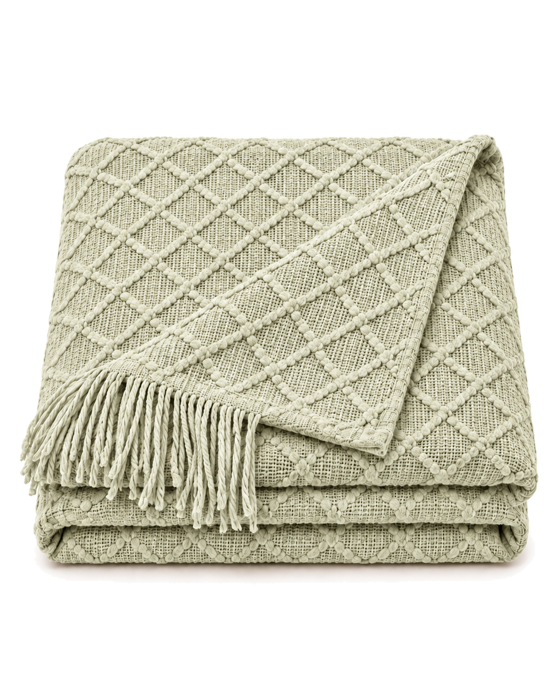 Fringed Diamond Knit Cotton Throw in Sage, folded