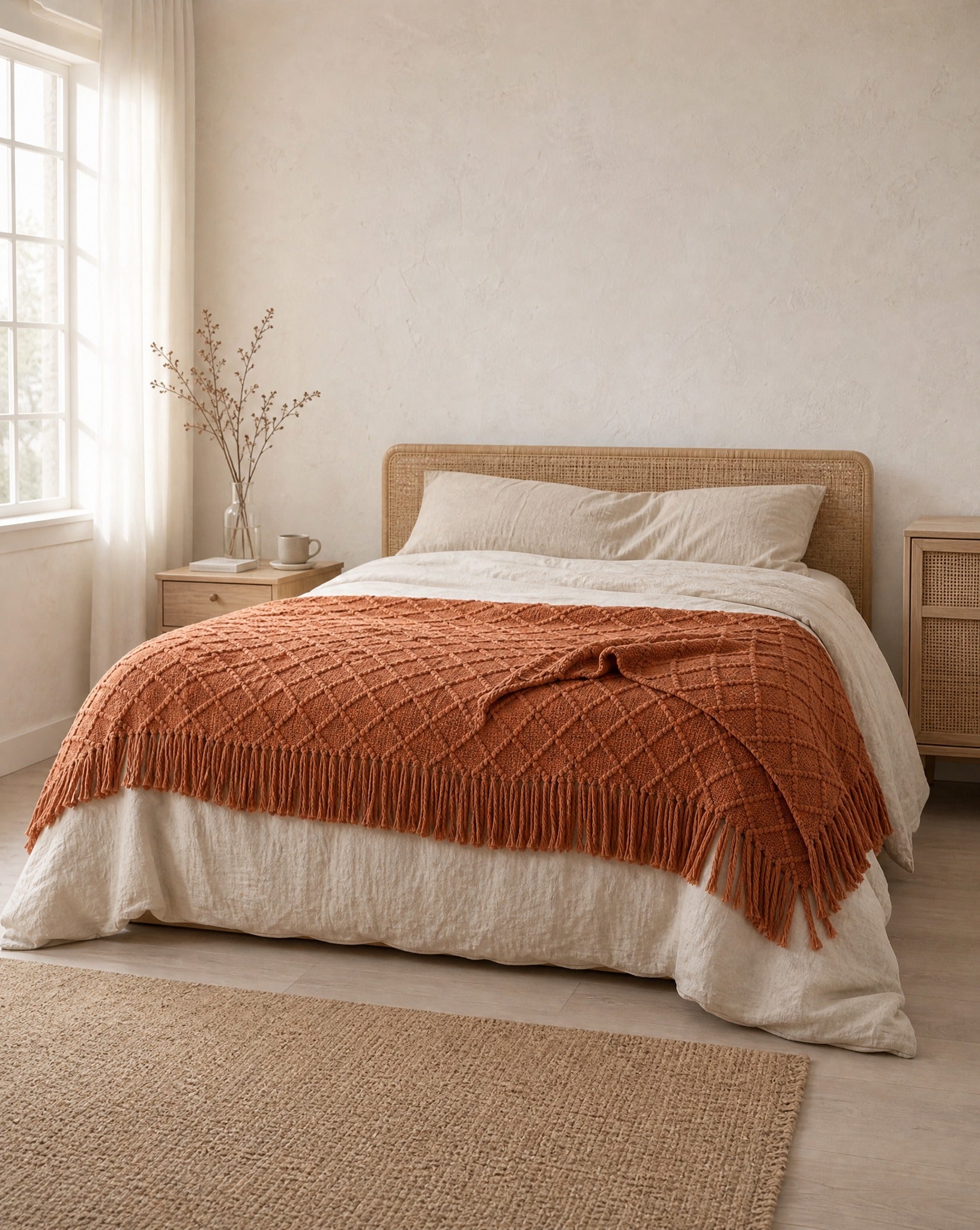 Fringed Knit Throw — styled bedroom