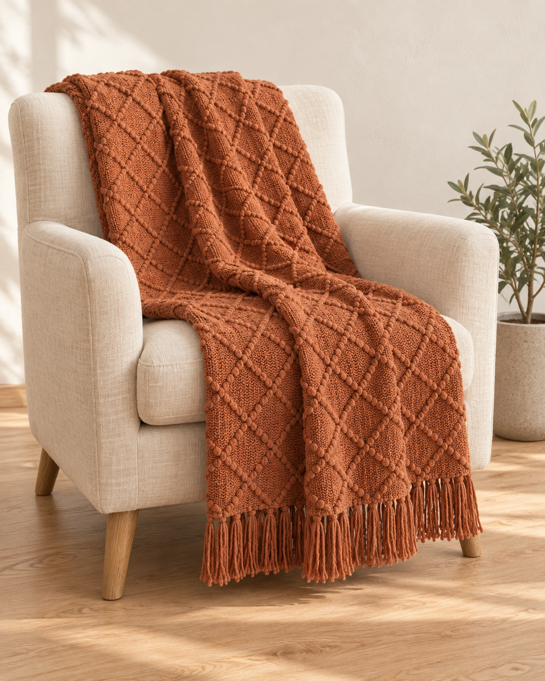 Fringed Knit Throw, draped over a cream linen armchair