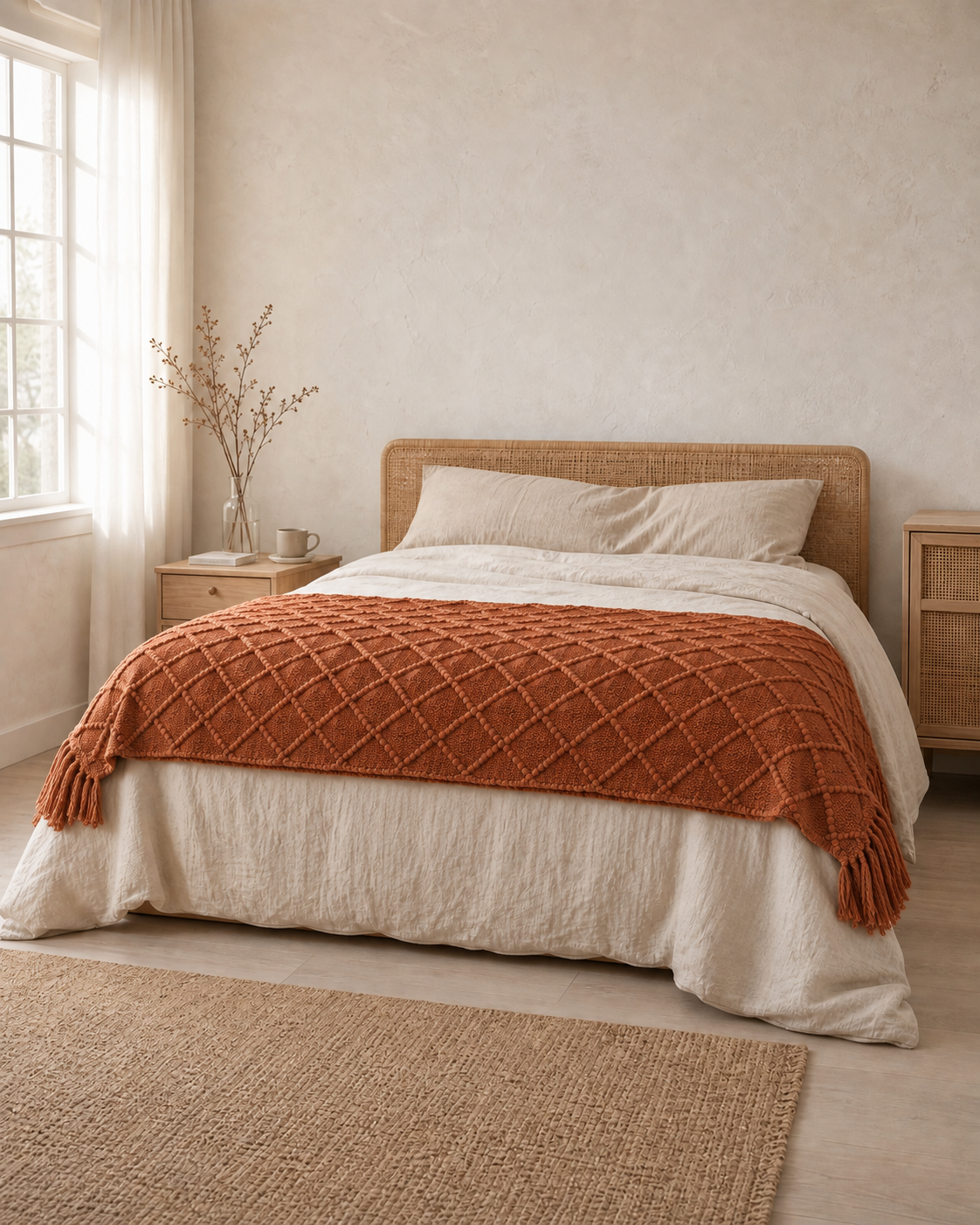 Fringed Knit Throw, laid across the foot of a bed