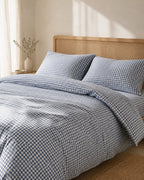Gingham Check Duvet Set — on a made bed, morning light