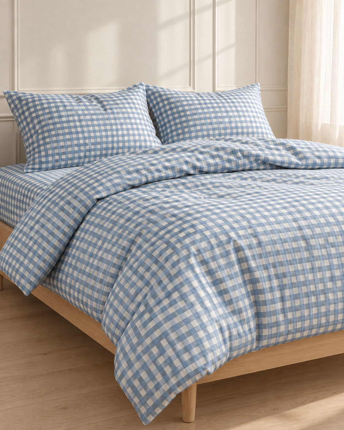Gingham Check Duvet Set, on a made bed in morning light