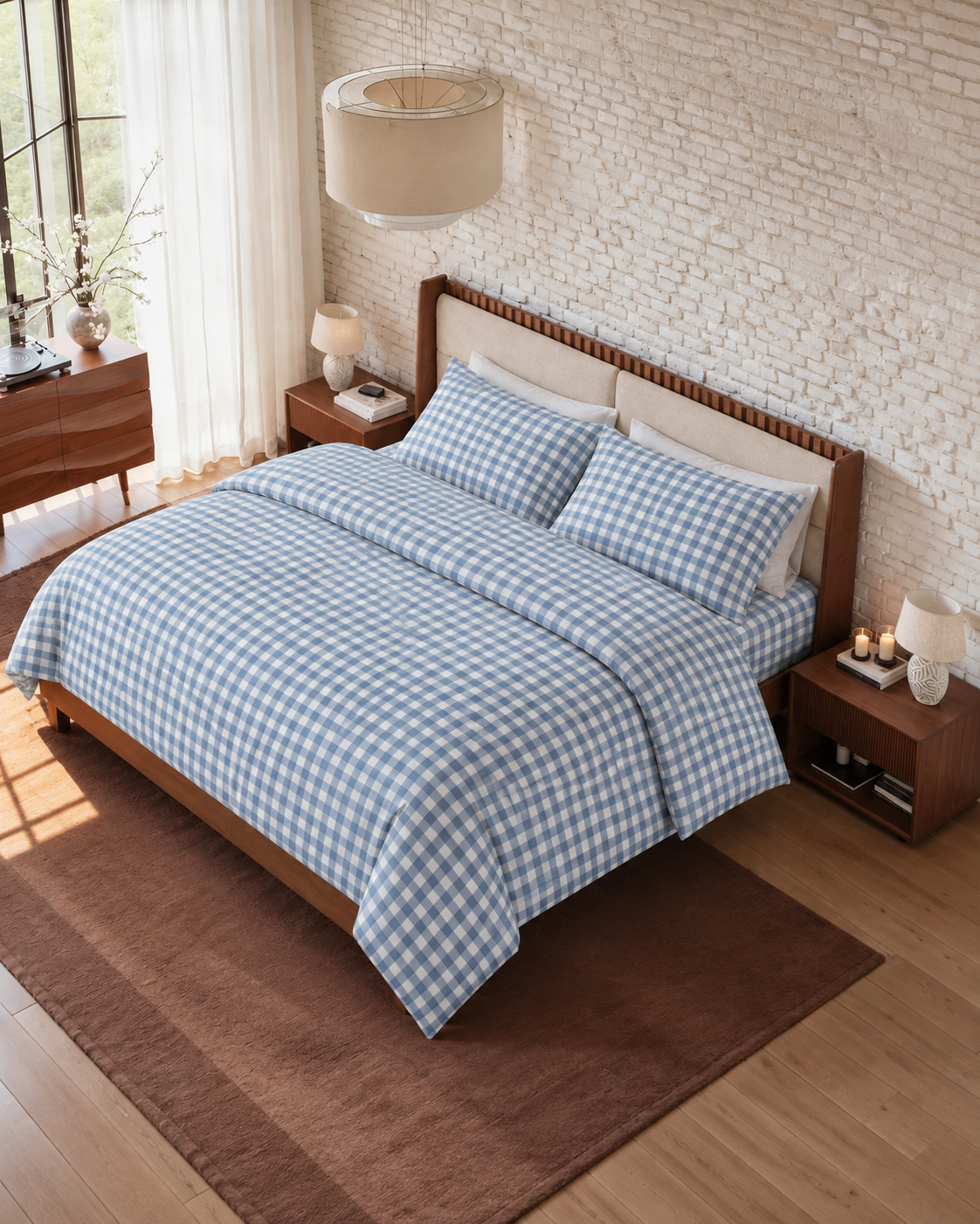 Gingham Check Duvet Set, on a made bed in morning light