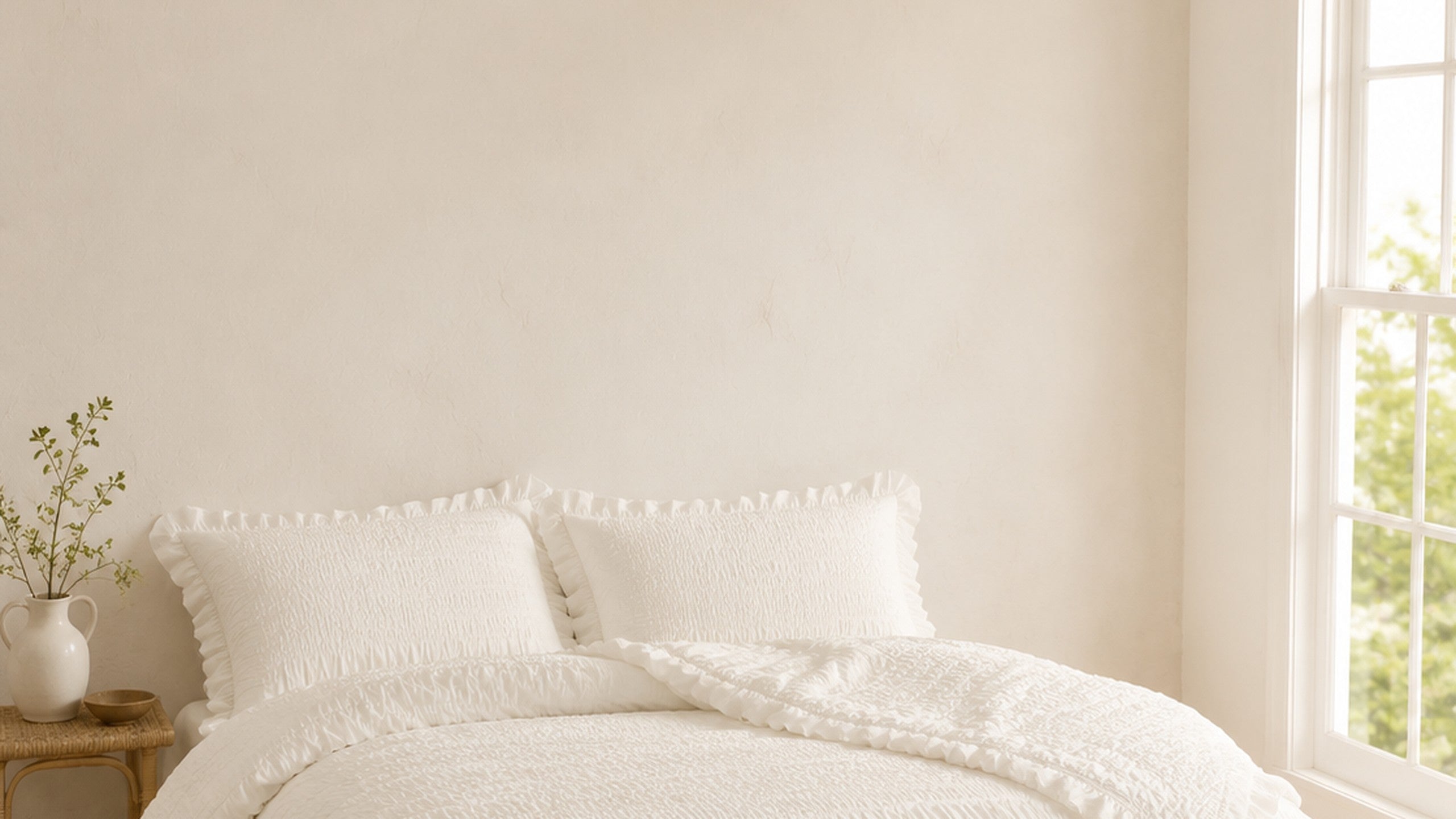 Ruffled seersucker bedding in a bright bedroom