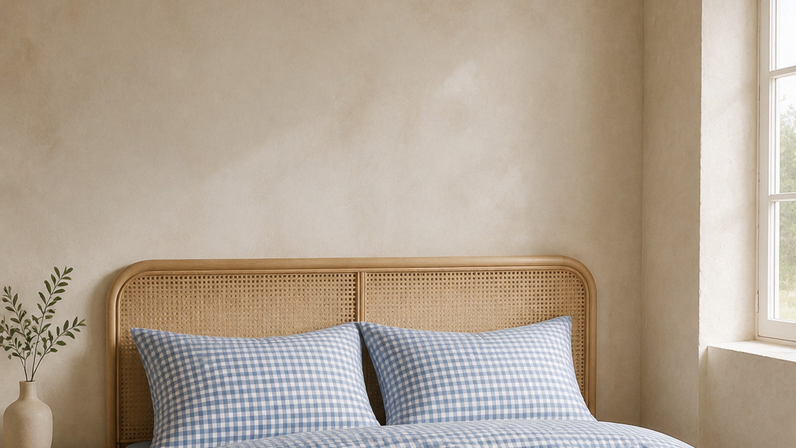 Gingham check bedding in a bright bedroom