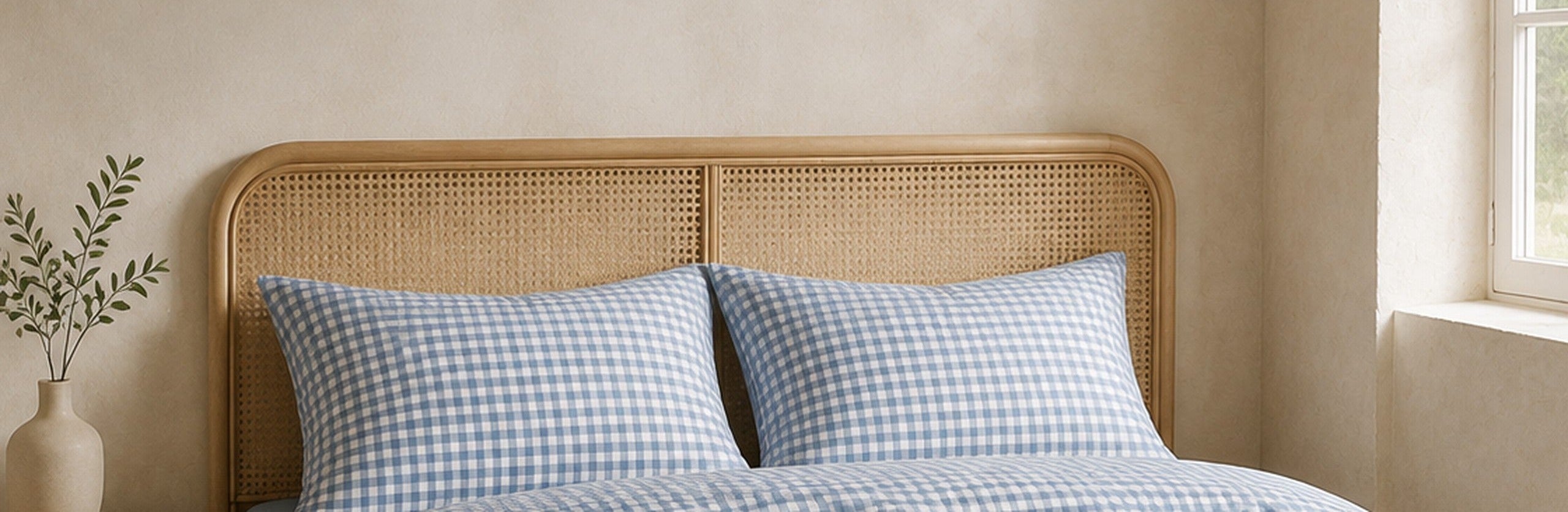 A bed dressed in blue gingham against a caned headboard, morning light