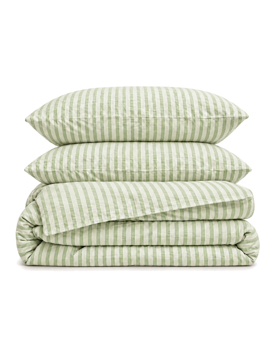 Jacquard Stripe Cotton Seersucker Duvet Cover Set in Pistachio, folded with its shams
