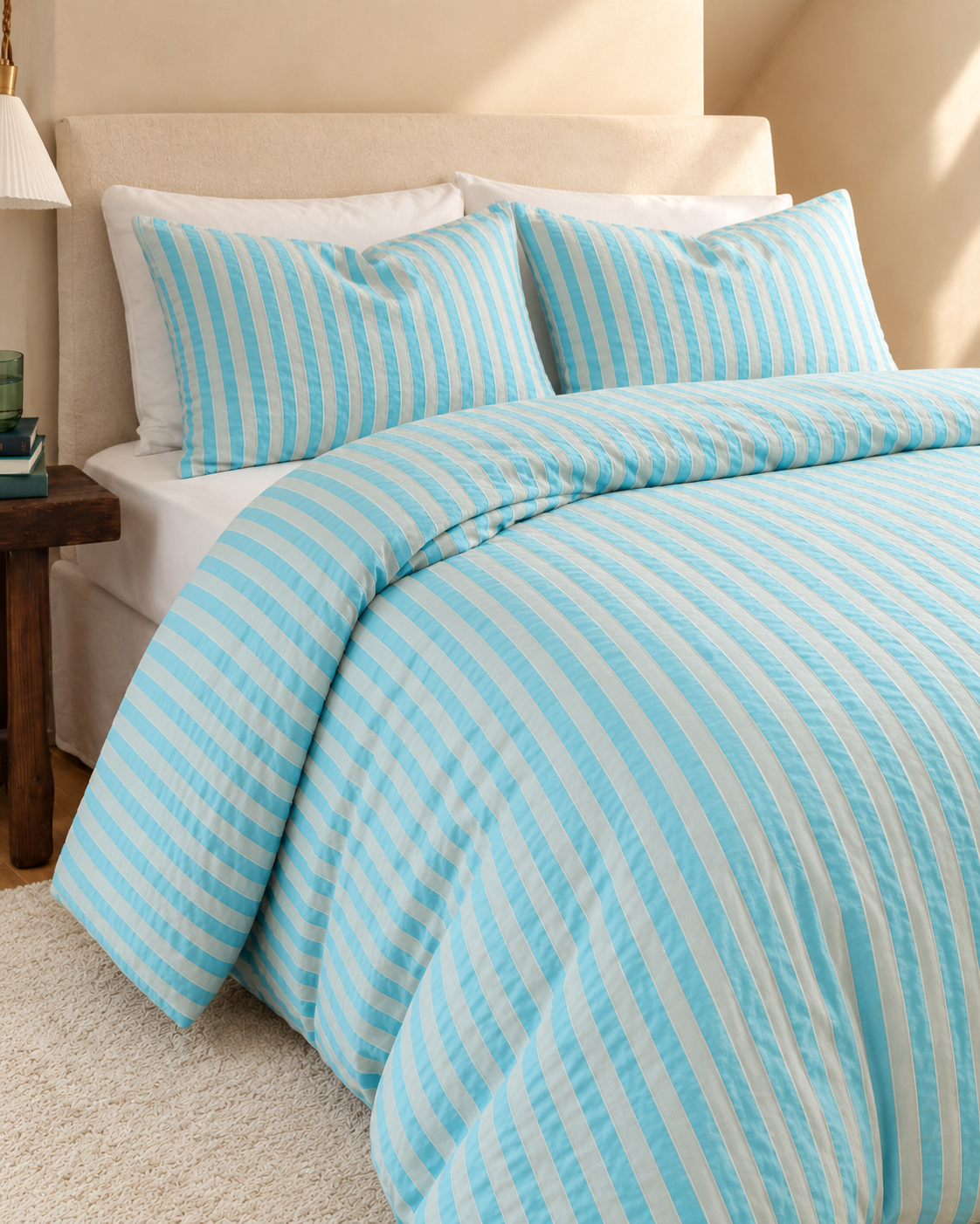 Jacquard Stripe Cotton Seersucker Duvet Cover Set in Sky, made bed seen from above
