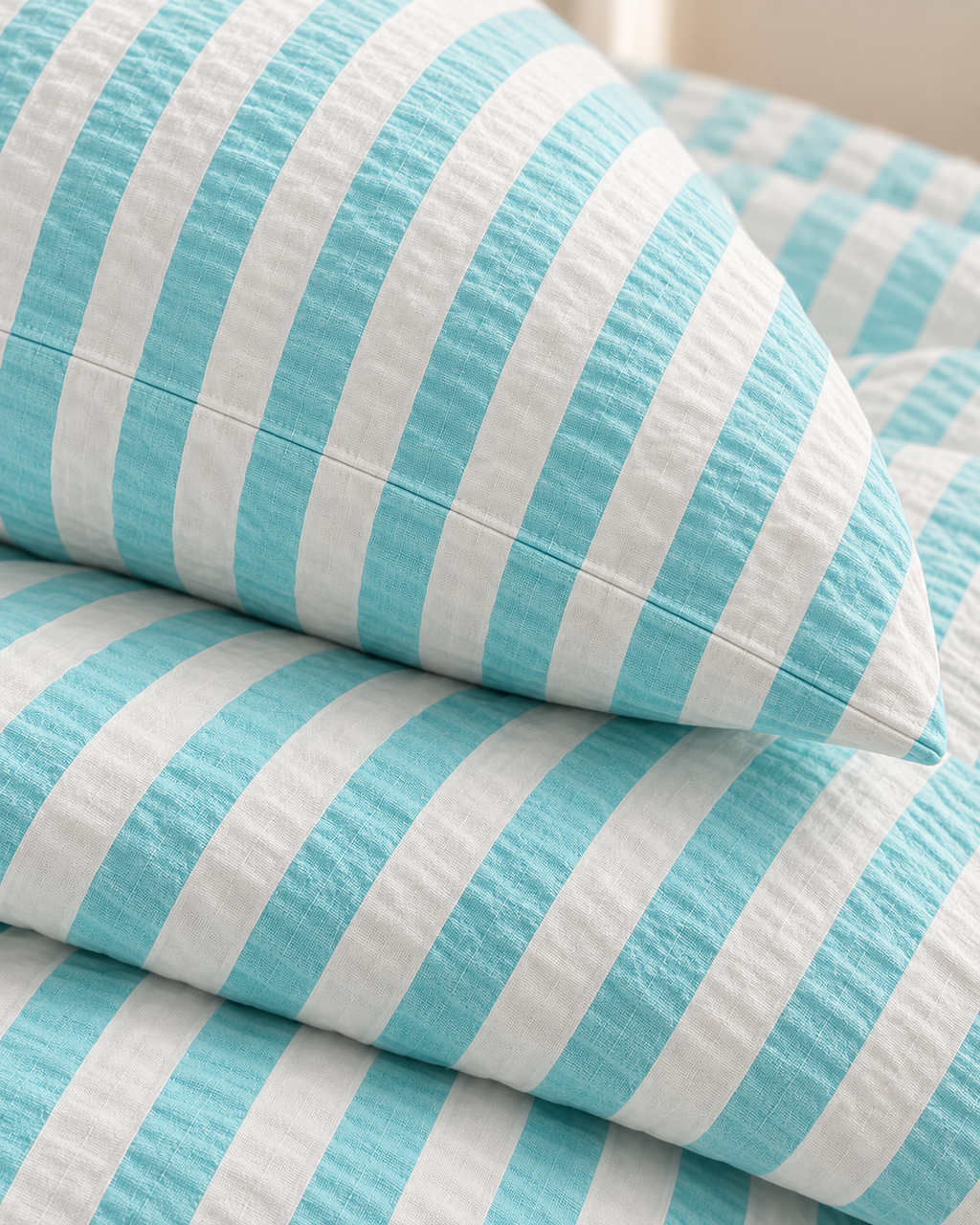 Jacquard Stripe Cotton Seersucker Duvet Cover Set in Sky, sham corner and seam