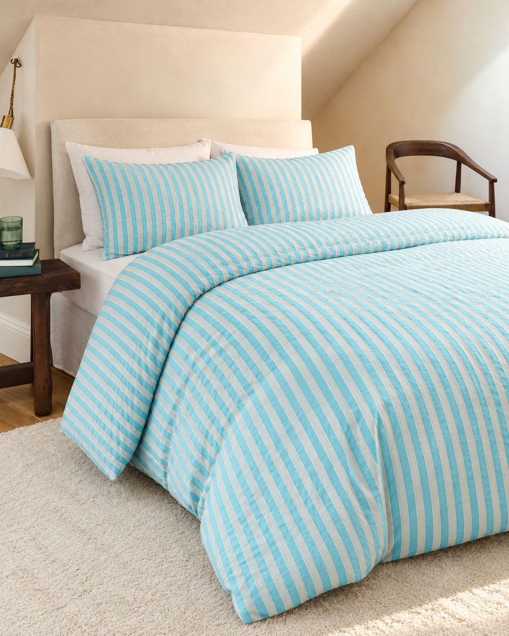 Jacquard Stripe Cotton Seersucker Duvet Cover Set in Sky, bedroom view