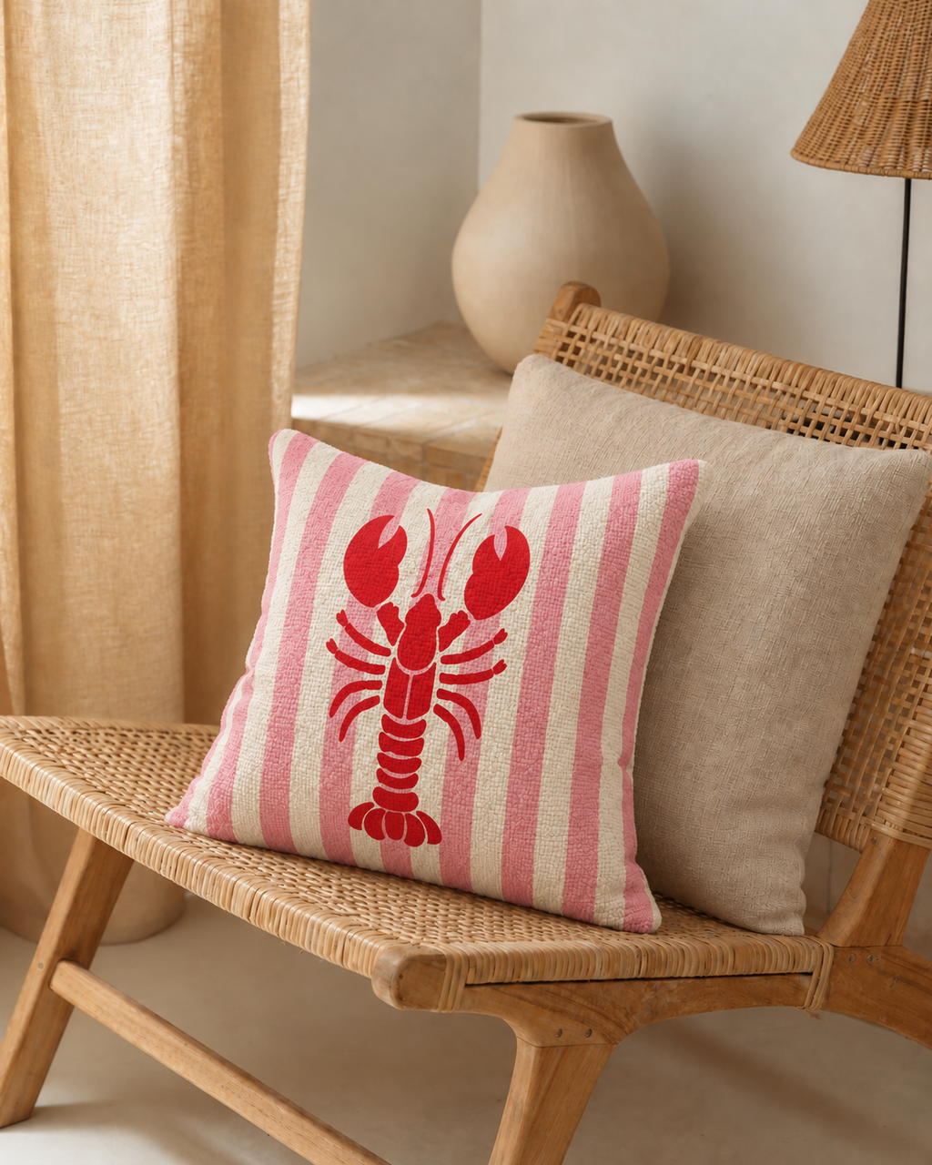 Lobster Stripe Cotton-Linen Pillow Cover, on a rattan armchair