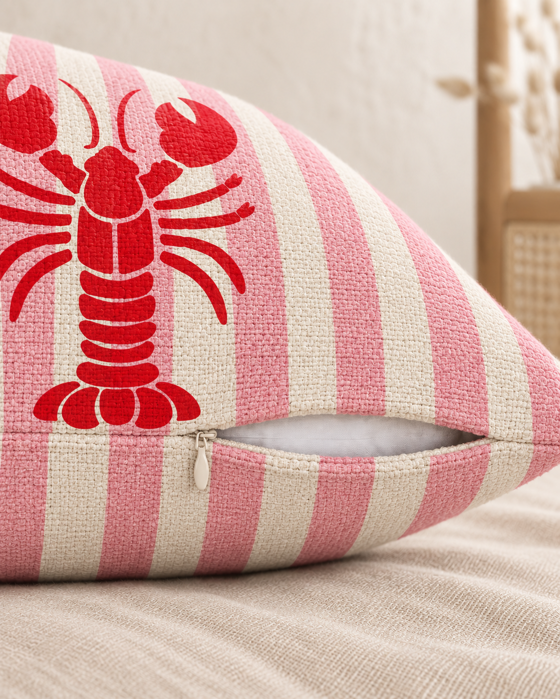 Lobster Stripe Cotton-Linen Pillow Cover, zipper and edge detail