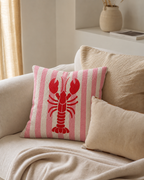 Lobster Stripe Cotton-Linen Pillow Cover, on a linen sofa