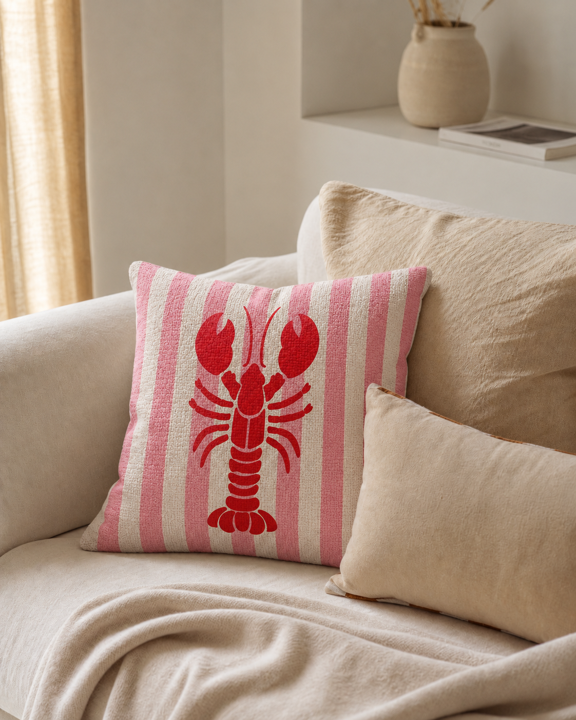 Lobster Stripe Cotton-Linen Pillow Cover, on a linen sofa