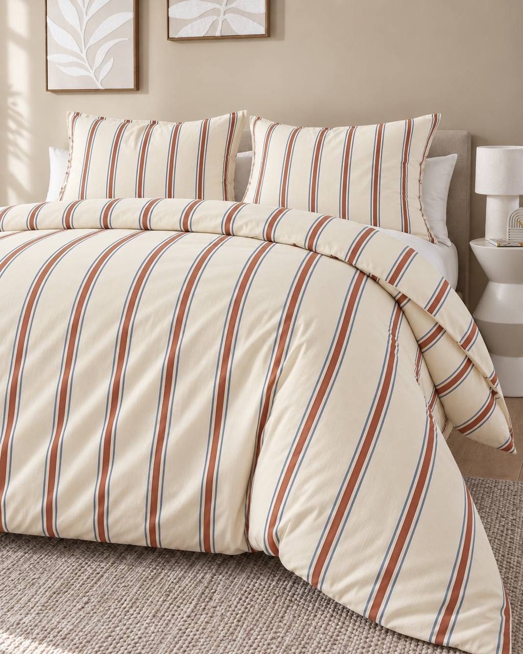 Woven Stripe Duvet Cover Set in Terracotta, bedroom view in perspective