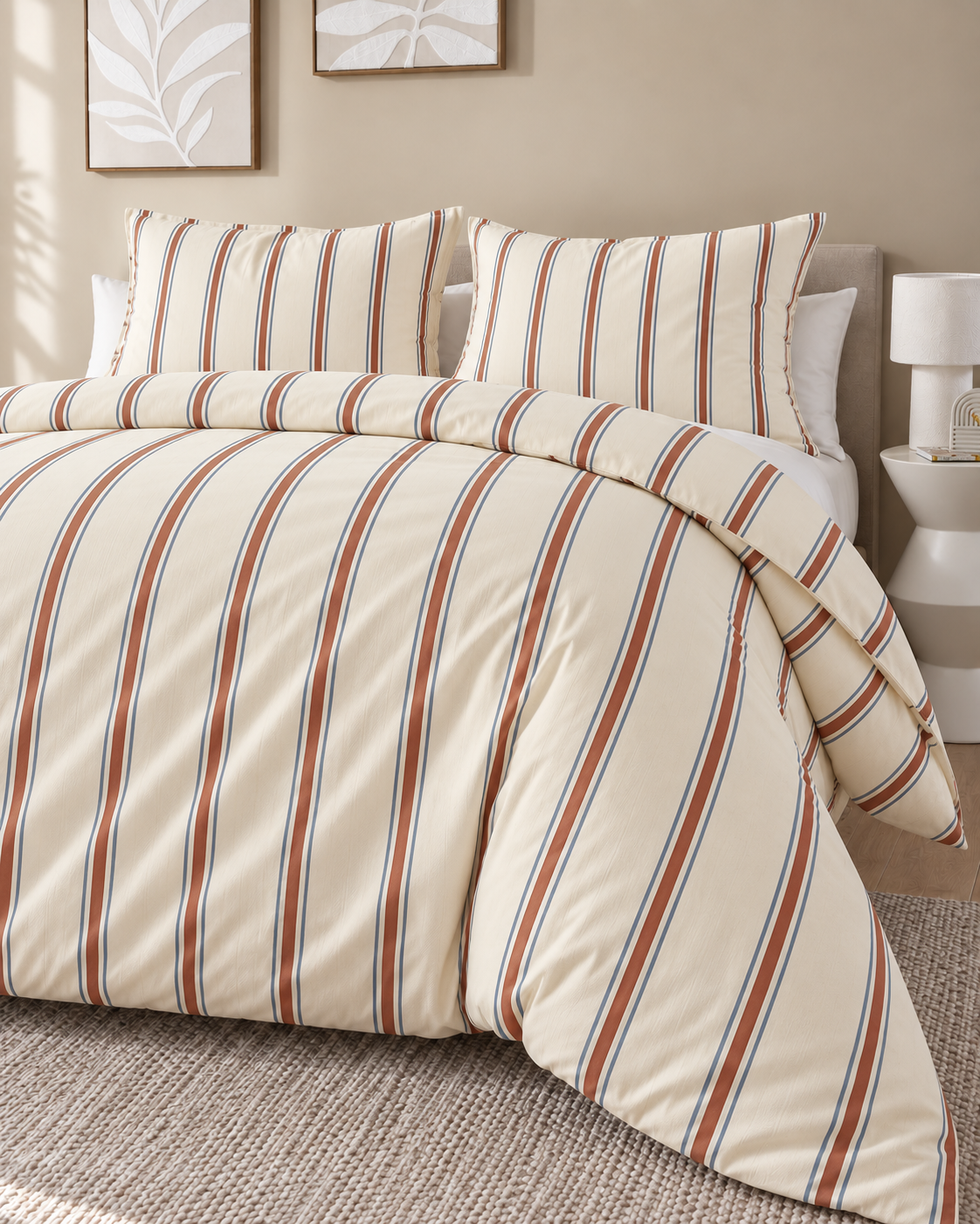 Woven Stripe Duvet Cover Set in Terracotta, bedroom view in perspective