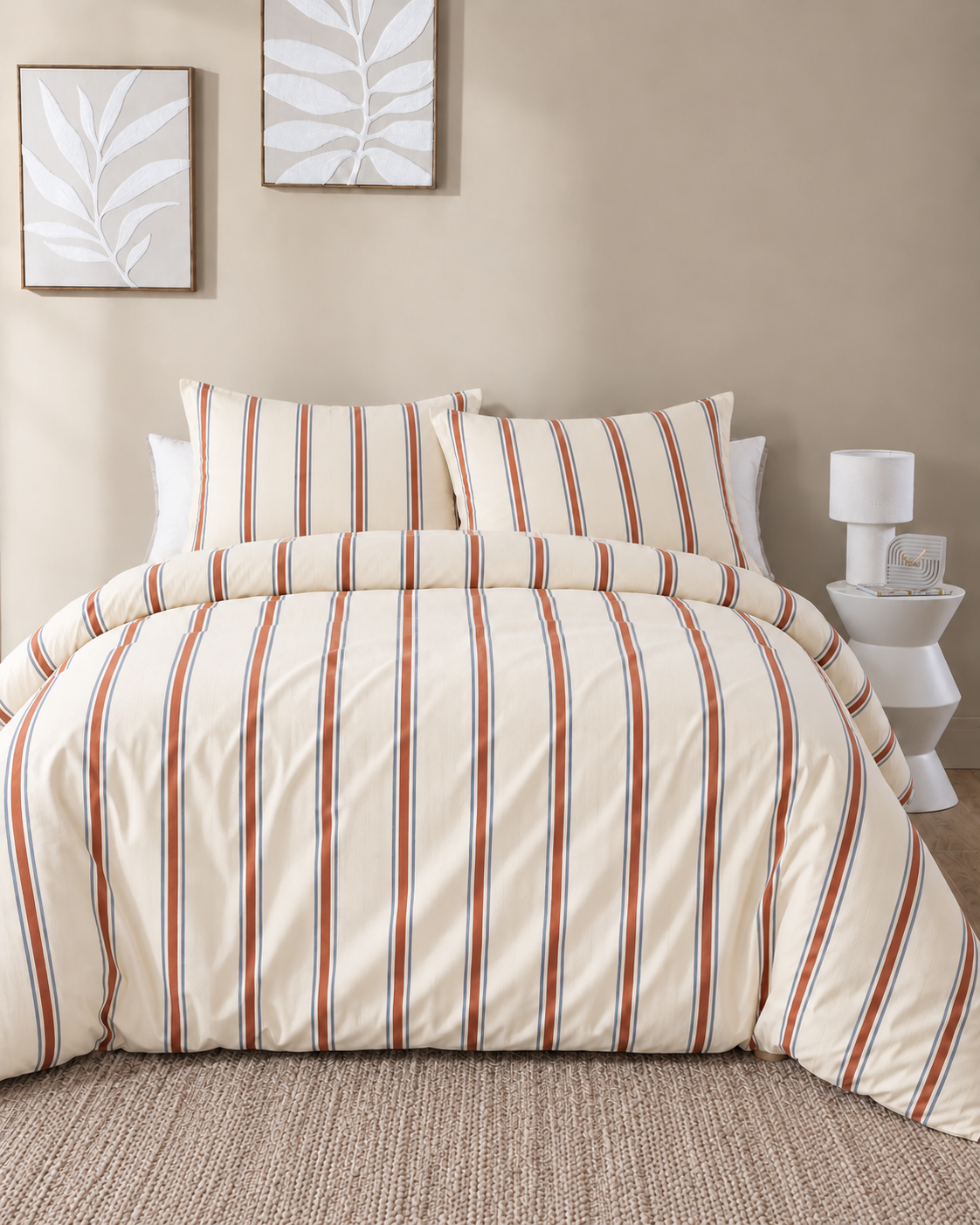 Woven Stripe Duvet Cover Set in Terracotta, front bedroom view with matching taupe rug