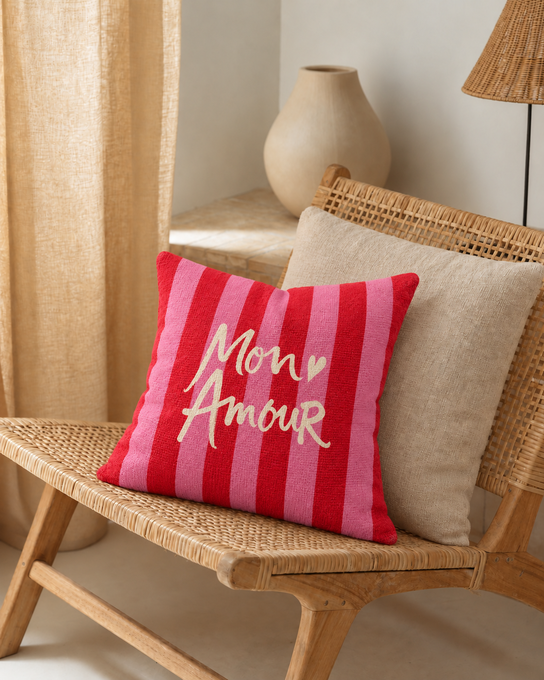 Mon Amour Stripe Cotton-Linen Pillow Cover, on a rattan armchair