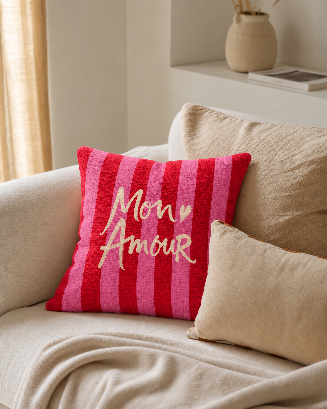 Mon Amour Stripe Cotton-Linen Pillow Cover, on a linen sofa