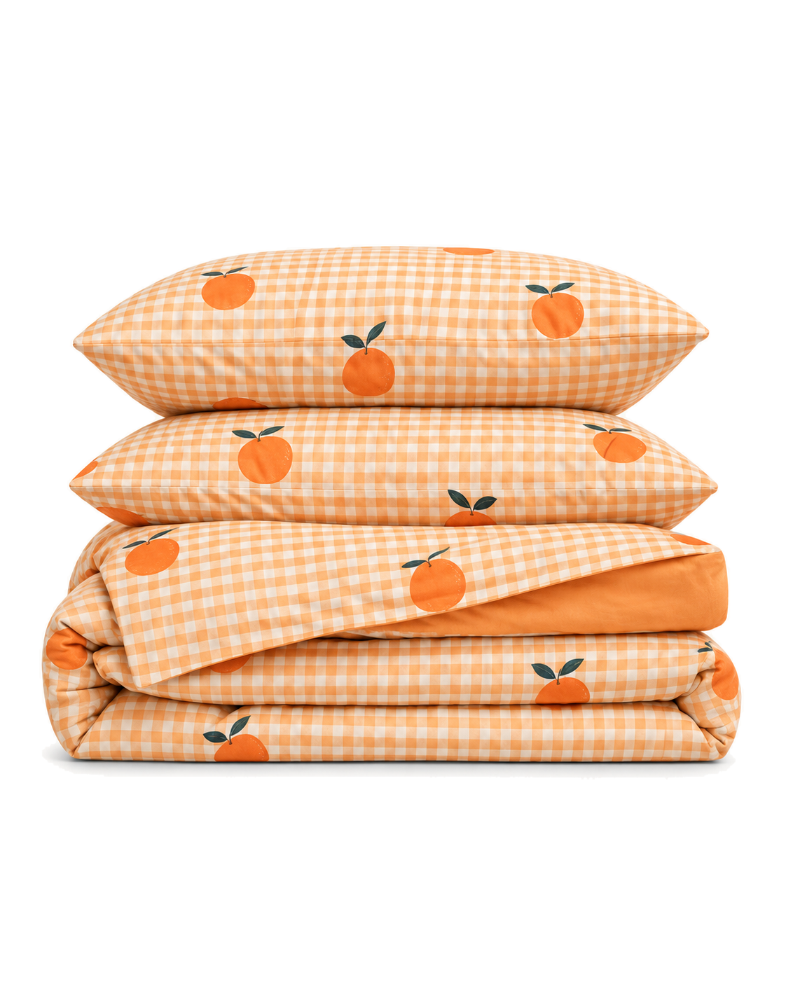 Orange Gingham Cotton Sateen Duvet Cover Set, folded with its shams