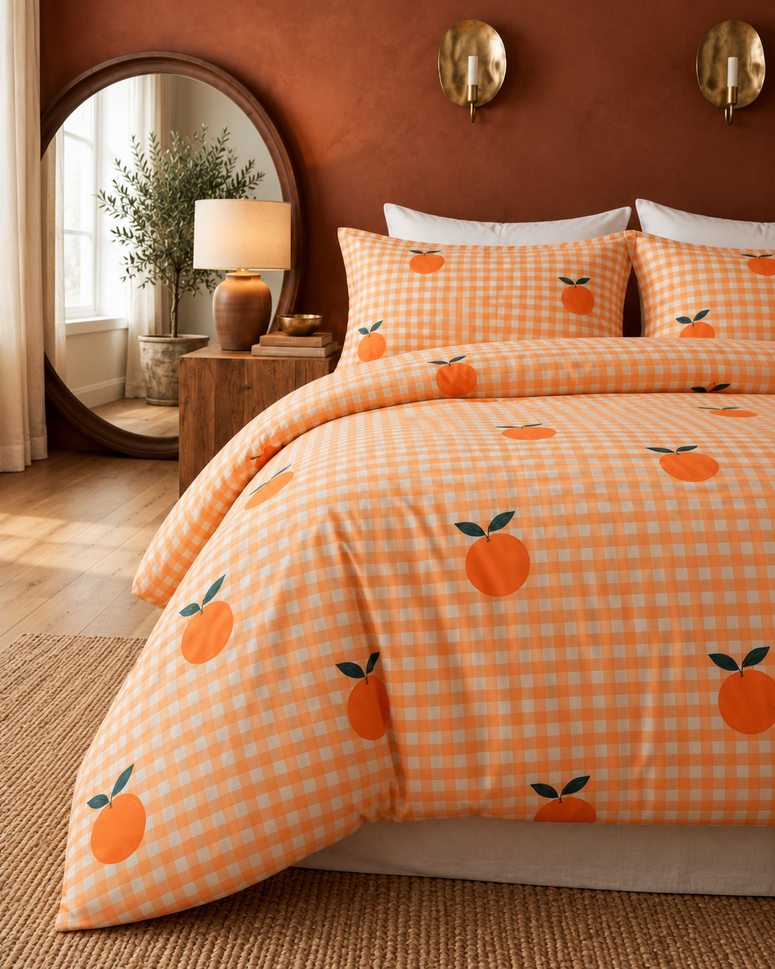 Orange Gingham Cotton Sateen Duvet Cover Set, made bed seen from above