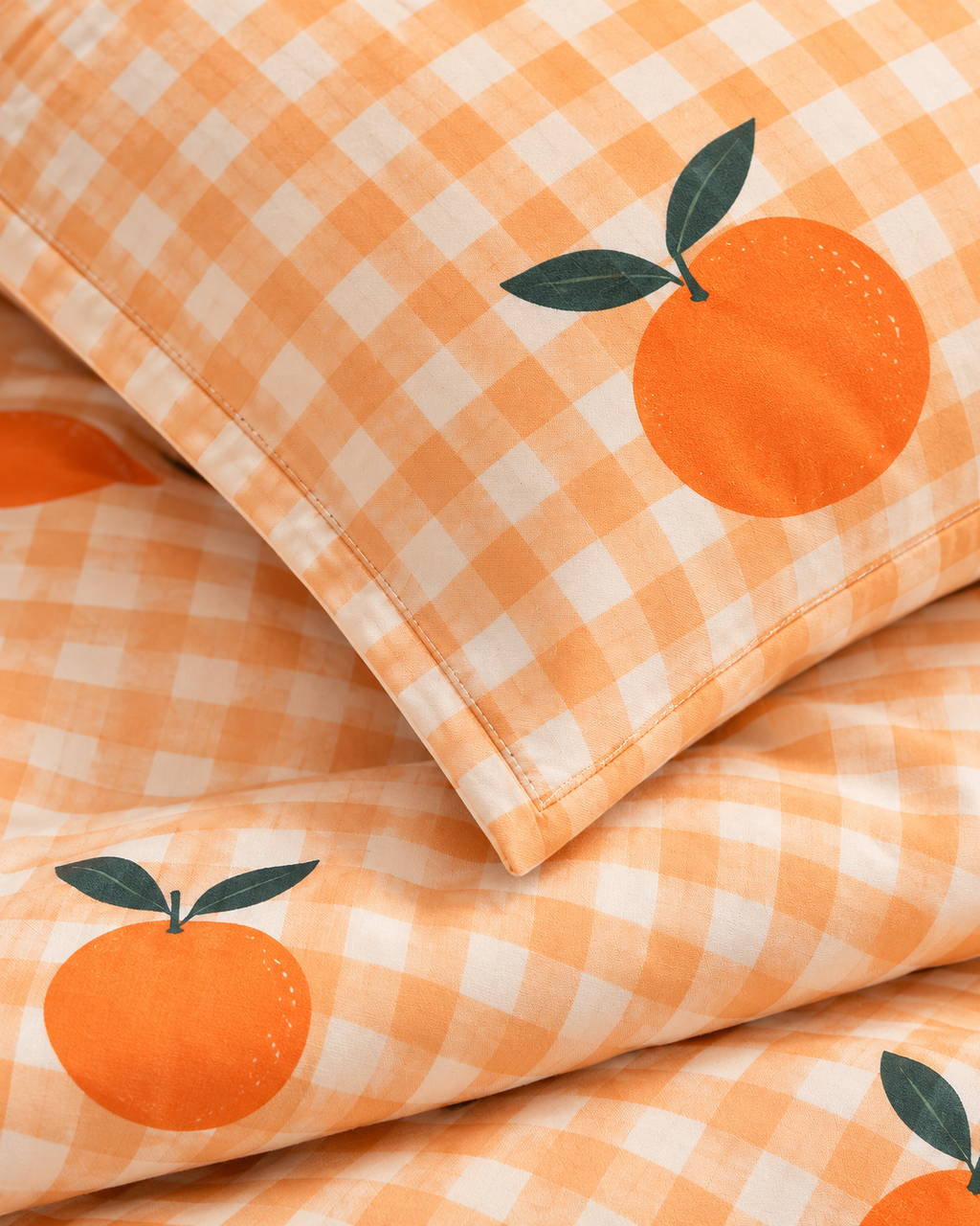 Orange Gingham Cotton Sateen Duvet Cover Set, sham corner and seam