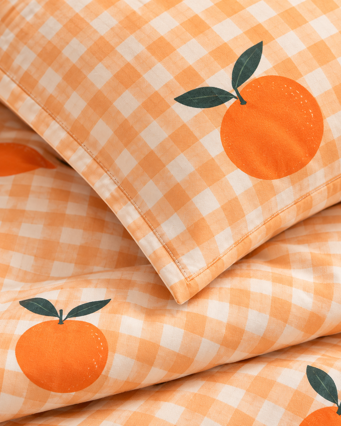 Orange Gingham Cotton Sateen Duvet Cover Set, sham corner and seam